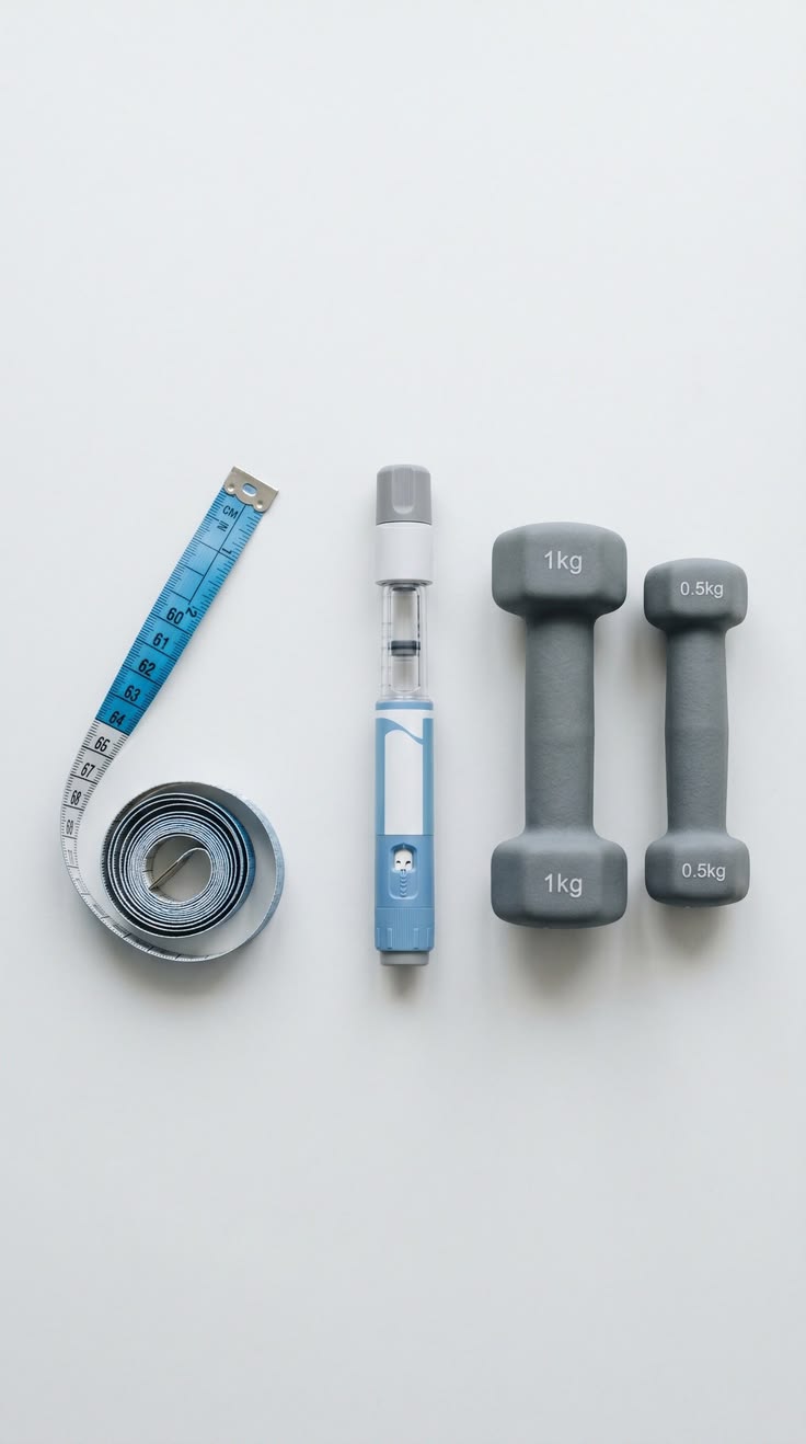 Pen, tape measure and dumbbells